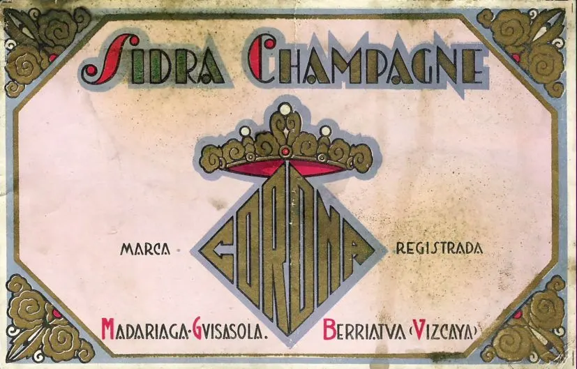 Etiqueta de «Sidra Champagne Corona», de Madariaga-Guisasola, de Berriatua, con una corona sobre un rombo