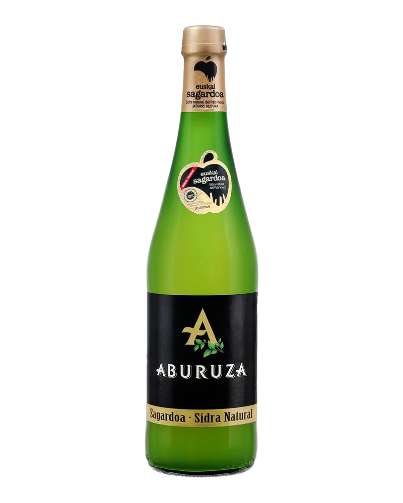 Bottle of Aburuza Euskal Sagardoa Premium cider, with a gold capsule and black label