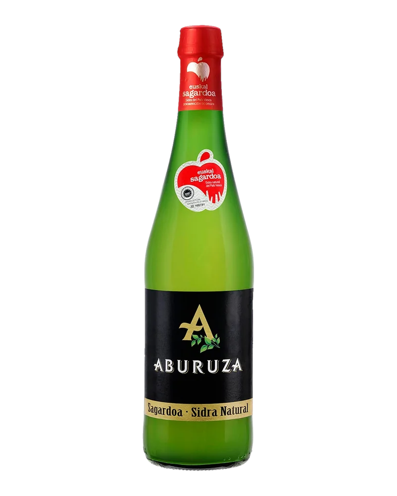 Bottle of Aburuza Euskal Sagardoa cider, with a red capsule and the designation of origin seal