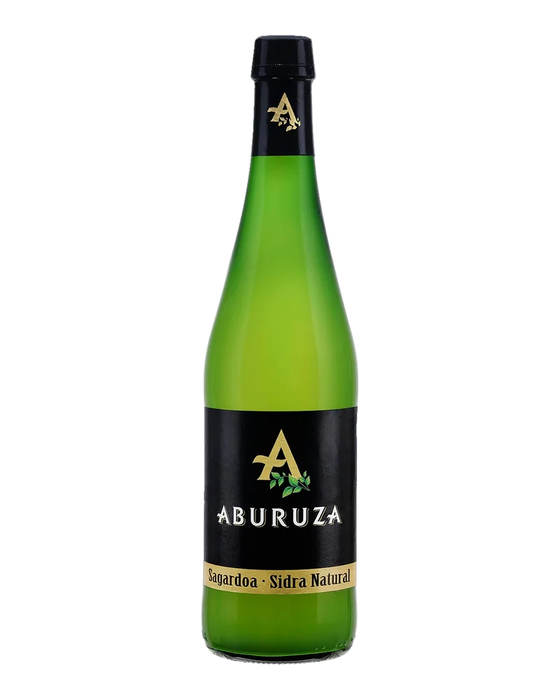 Green bottle of Aburuza natural cider with a black label and black capsule