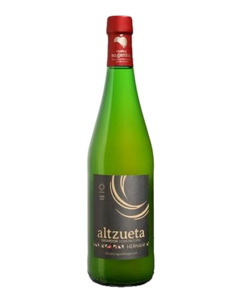 Bottle of Altzueta Euskal Sagardoa cider, with a red capsule and dark label