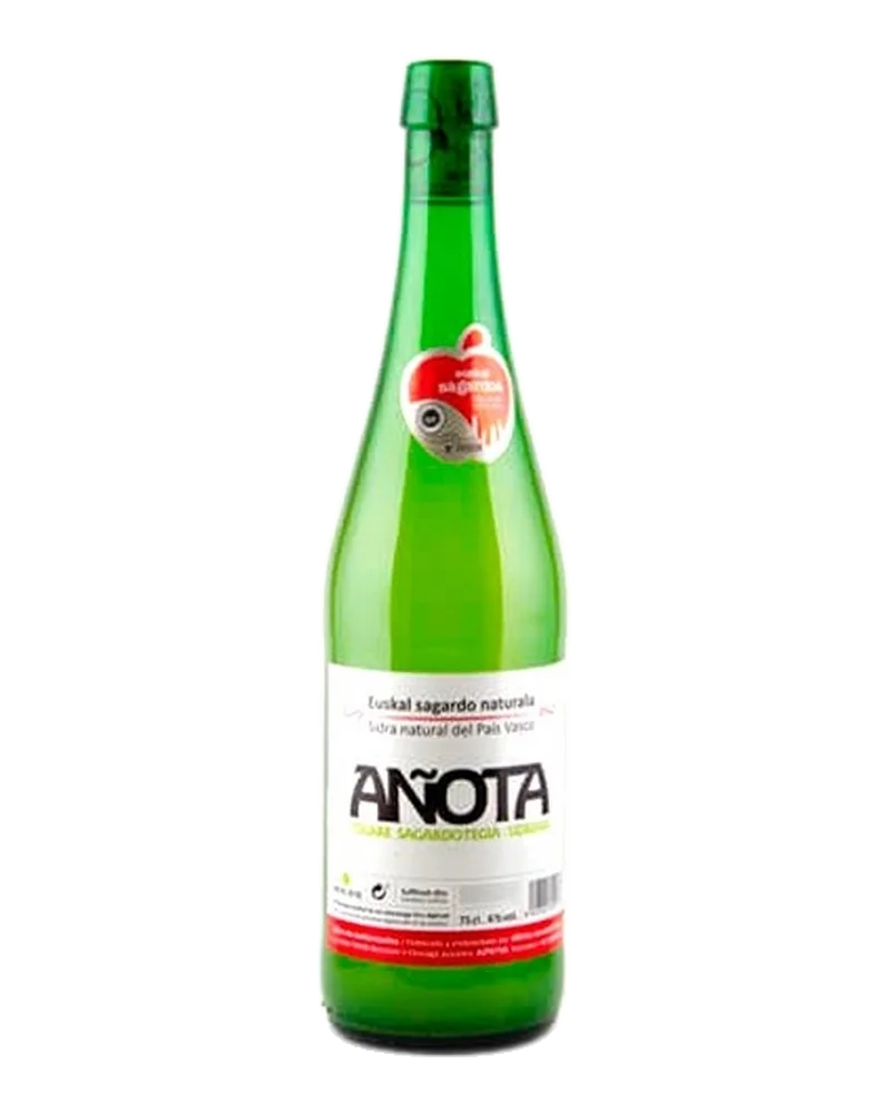 Bottle of Añota Euskal Sagardoa cider, with the designation of origin seal and a white label