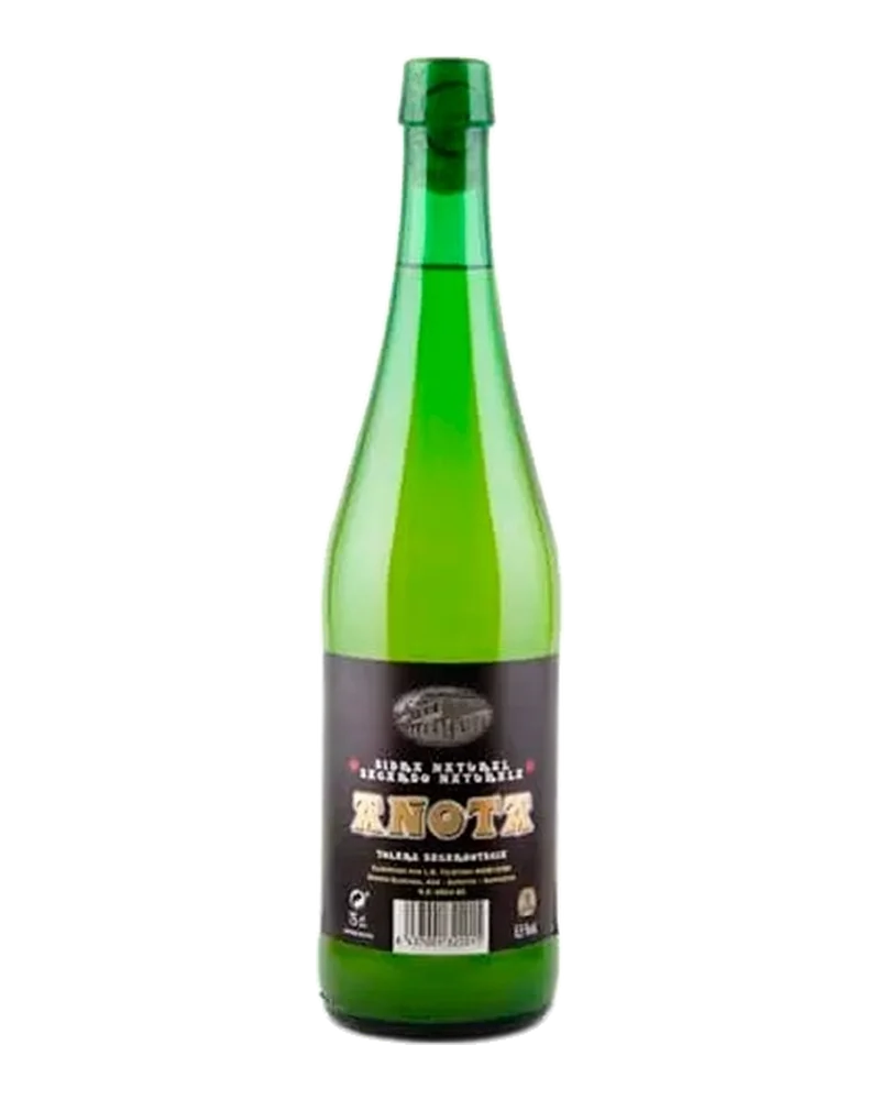 Green bottle of Añota natural cider with a dark label