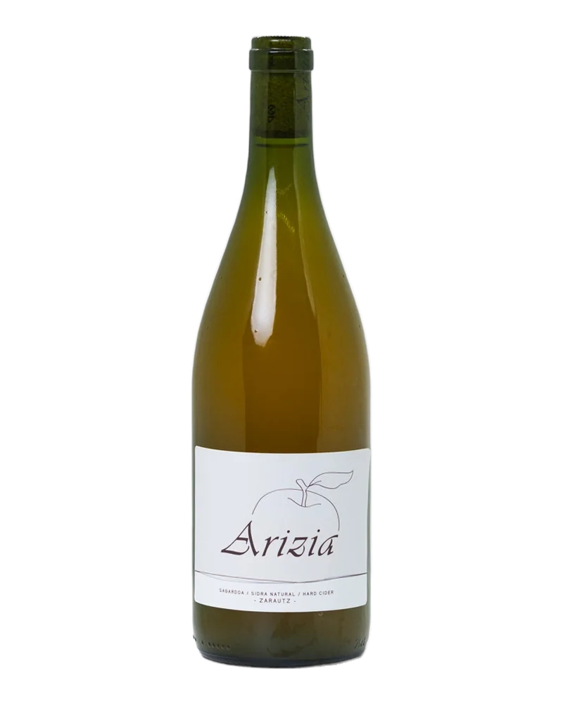 Bottle of Arizia cider in dark green glass, with a white label showing an apple