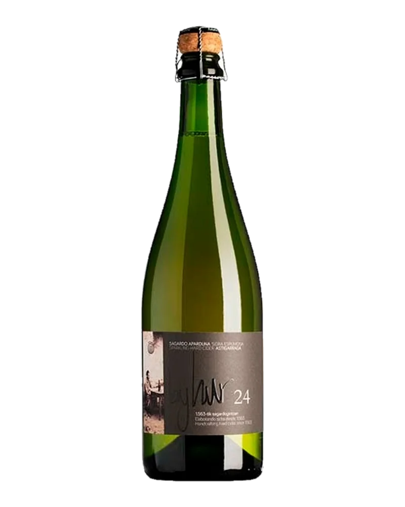 Dark bottle of Astarbe’s Byhur 24 Premium sparkling cider, with a cork stopper and grey label