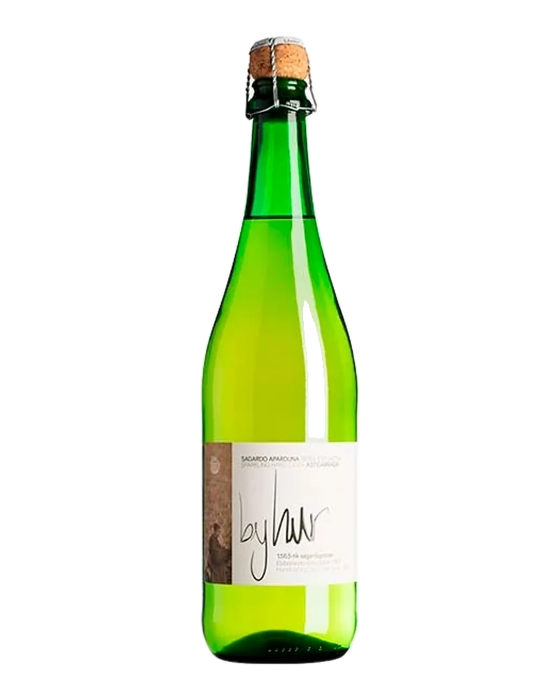 Green bottle of Astarbe’s Byhur sparkling cider, with a cork stopper and white label