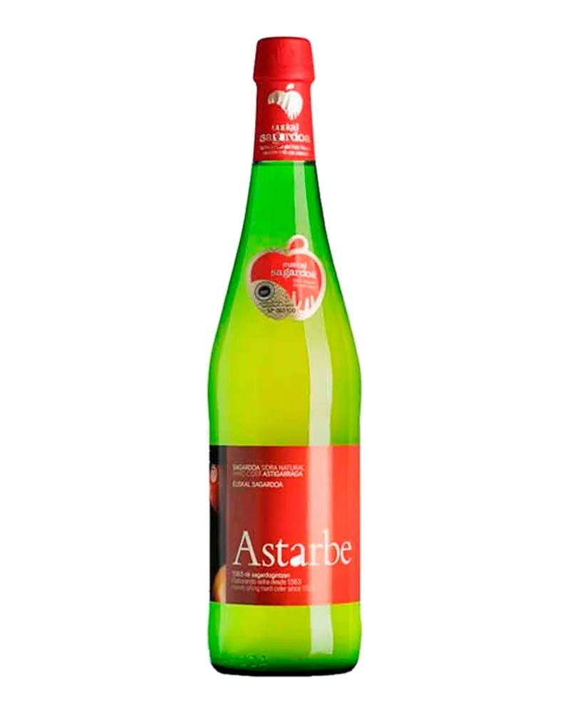 Bottle of Astarbe Euskal Sagardoa cider, with a red capsule, the designation of origin seal and a red label