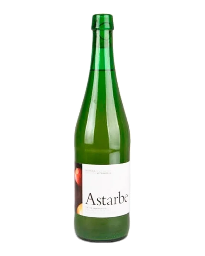 Green bottle of Astarbe natural cider with a white label