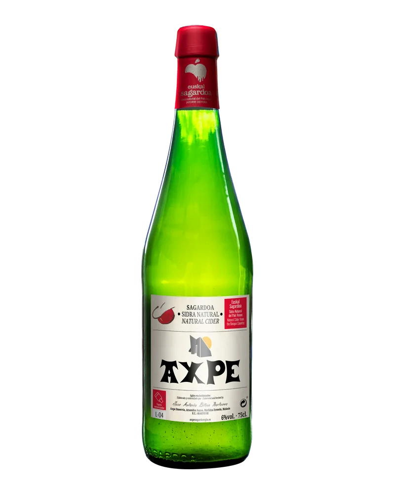 Green bottle of Axpe DO Euskal Sagardoa cider, with a red capsule and white label