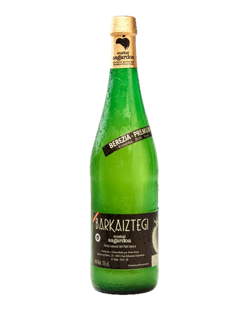 Bottle of Barkaiztegi Euskal Sagardoa Premium cider, with a gold capsule and black label