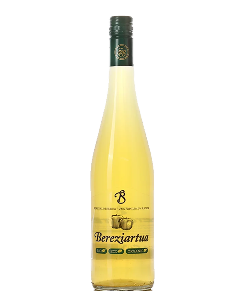Clear bottle of Bereziartua Eco organic cider, with a pale label