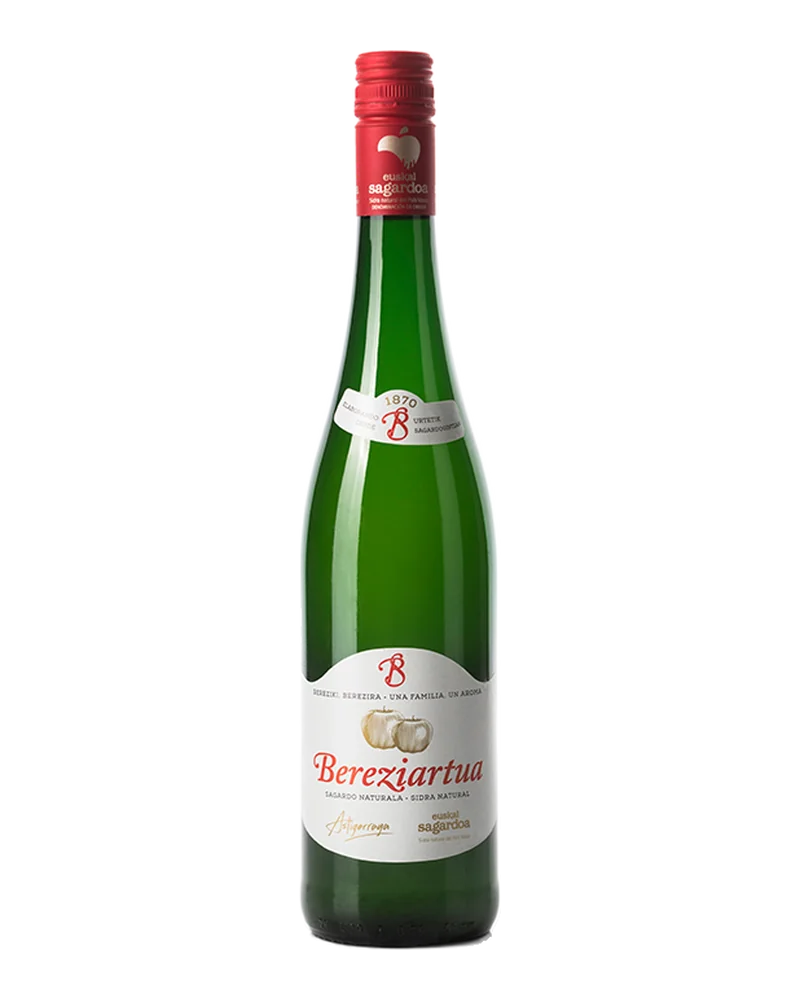 Green bottle of Bereziartua Euskal Sagardoa cider, with a red capsule and white label