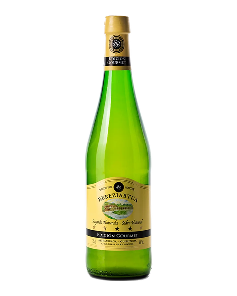 Green bottle of Bereziartua Gourmet cider with a yellow label and gold capsule