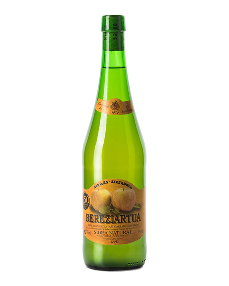 Green bottle of Bereziartua natural cider with an orange label