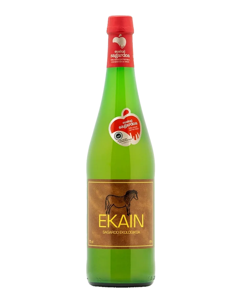 Bottle of Ekain organic Euskal Sagardoa cider, with a red capsule, the designation of origin seal and a brown label