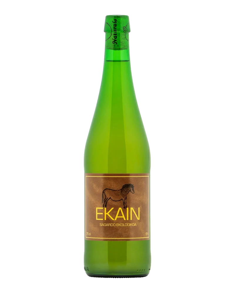 Green bottle of Ekain organic natural cider, with a brown label showing a horse