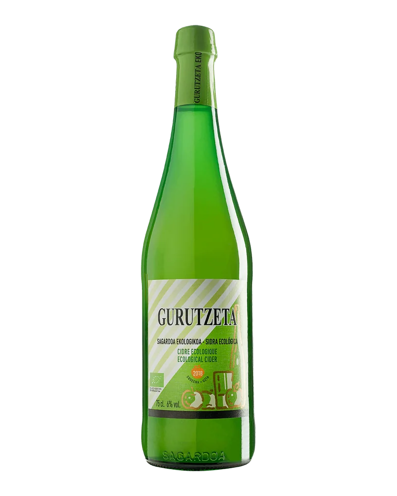 Green Gurutzeta Euskal Sagardoa Bio bottle with a striped green label and green capsule