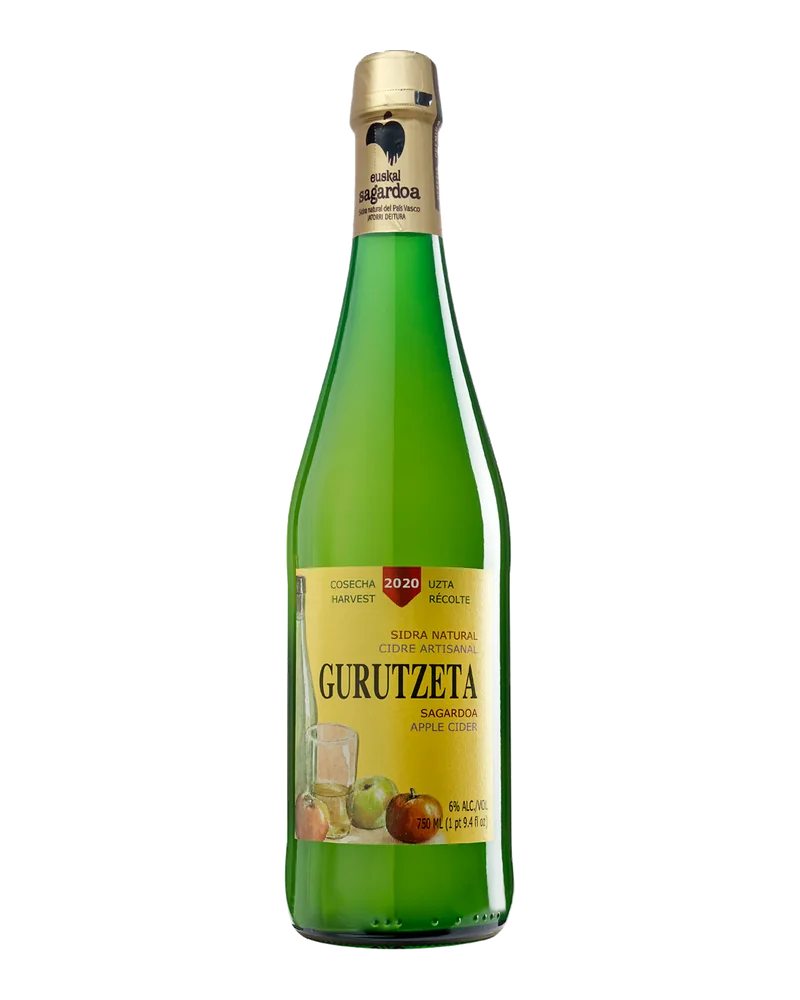 Green Gurutzeta Euskal Sagardoa Premium bottle with a yellow apple label and gold capsule