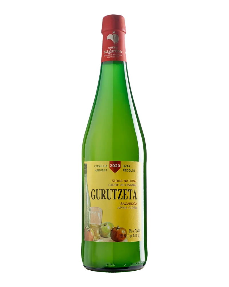 Botella verde de Gurutzeta Euskal Sagardoa con etiqueta amarilla de manzanas y cápsula roja de la DO