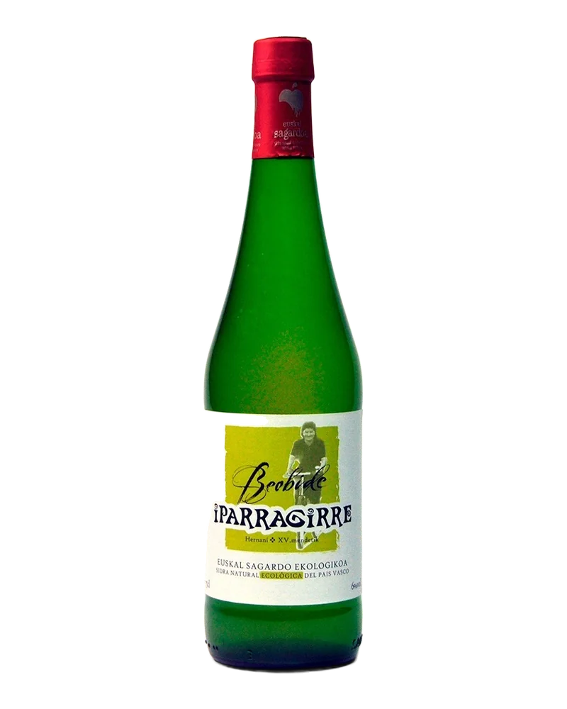 Green Iparragirre Beobide bottle with a light green label and an old photo of a cyclist