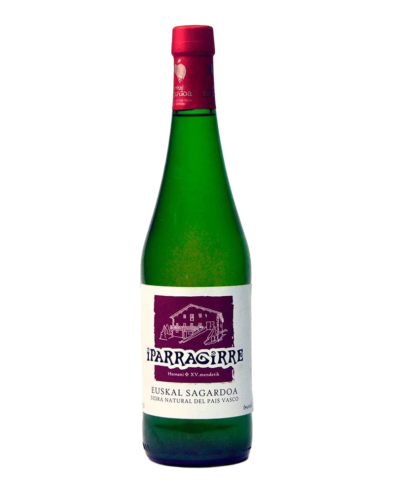 Green Iparragirre Euskal Sagardoa bottle with a white and purple label and the red DO capsule