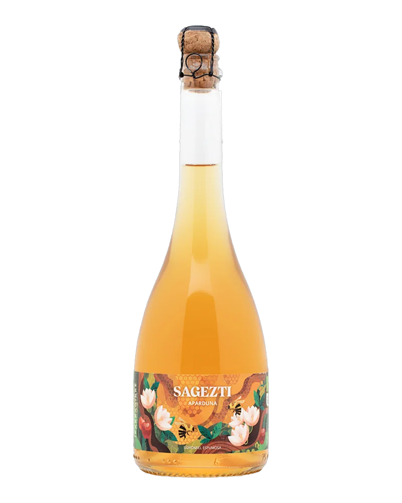 Clear bottle of Sagezti Aparduna with a cork and an illustrated label of flowers, bees and honeycomb