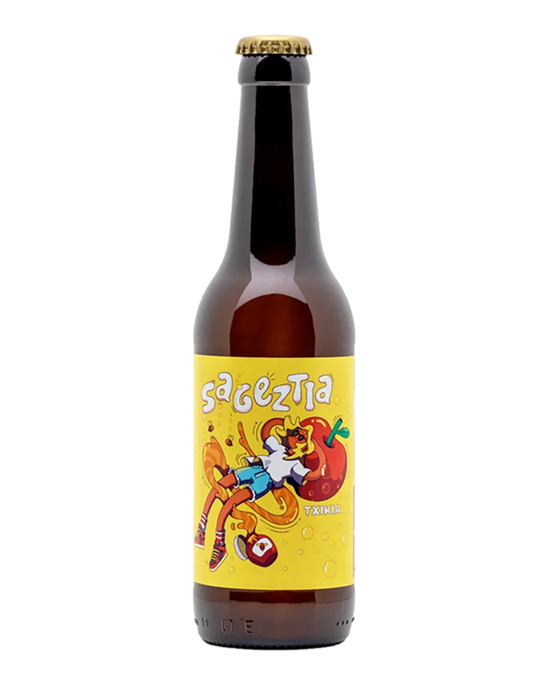 Small brown bottle of Sageztia Txikia with a yellow illustrated label showing an apple and a character