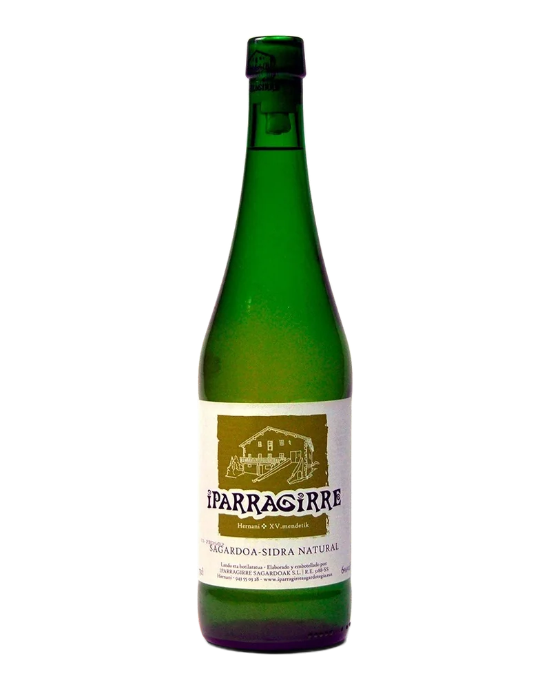 Green Iparragirre bottle with a white label and a drawing of the farmhouse in olive green