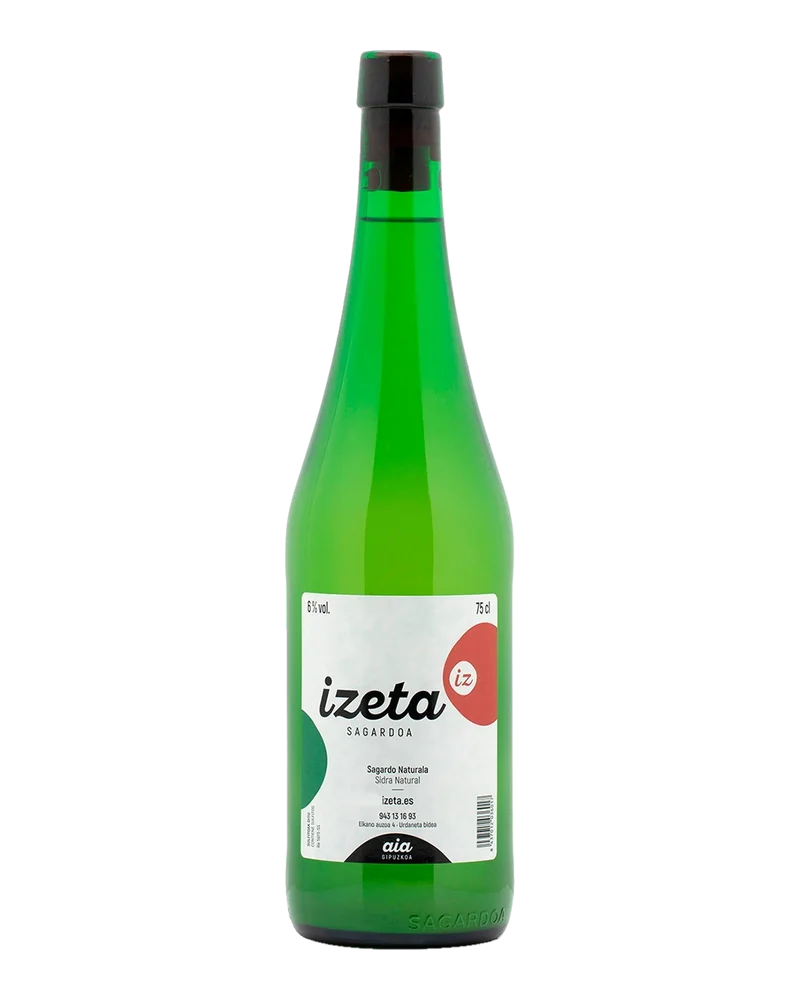 Green Izeta bottle with a white label, the red “iz” logo and a black capsule