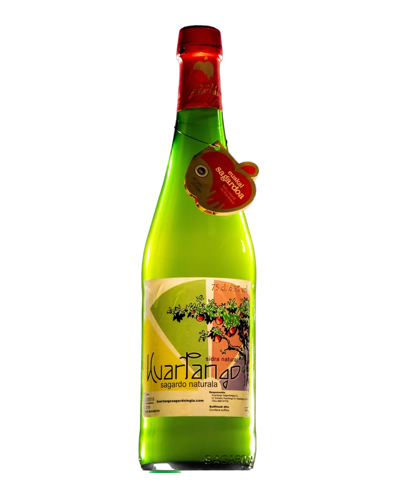 Green bottle of Kuartango natural cider, with the red Euskal Sagardoa PDO capsule and a colourful label with an apple tree