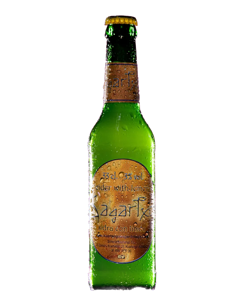 Small green bottle of Sagartxo, Kuartango’s cider with lemon, with a golden label and drops of water