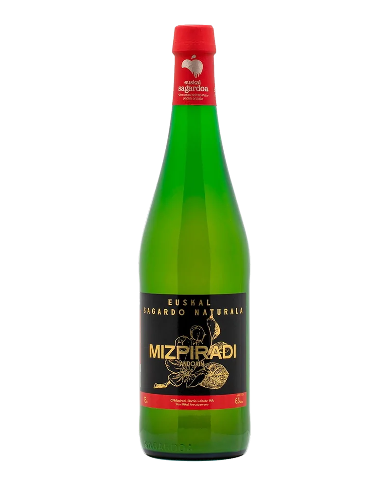 Bouteille verte de Mizpiradi, étiquette noire et dorée, bande rouge et capsule rouge de l’AOP