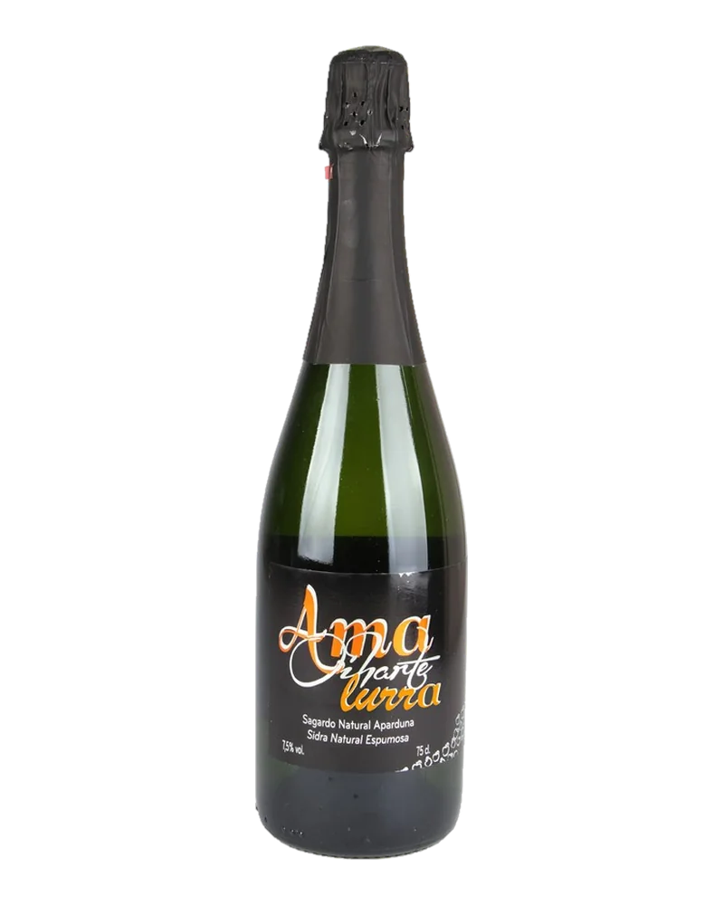 Black sparkling-wine bottle of Oiharte Ama Lurra with a black label and orange lettering