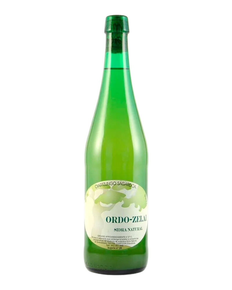 Green bottle of Ordo-Zelai natural cider, with a white label showing an apple tree