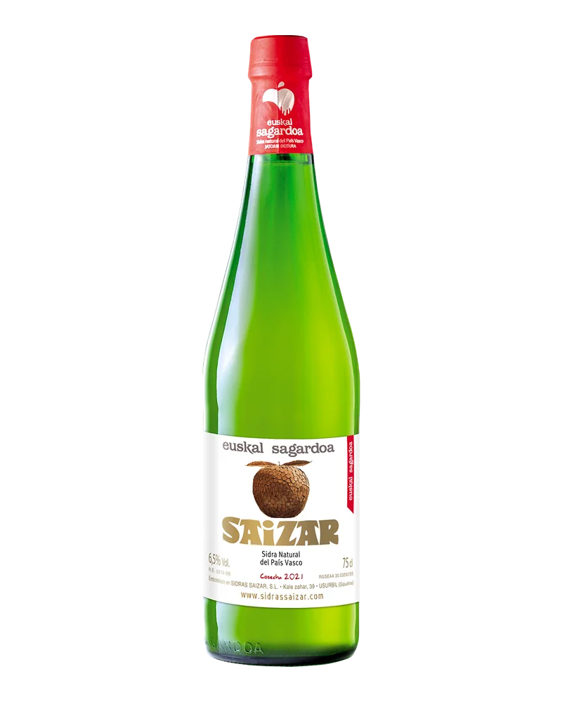 Green bottle of Saizar DO Euskal Sagardoa cider, with a red capsule and a white label showing an apple