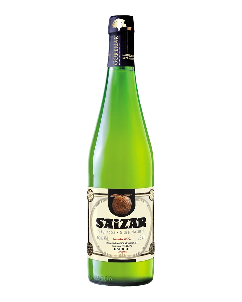 Bouteille verte de cidre naturel Saizar Gorenak, étiquette crème illustrée d’une pomme