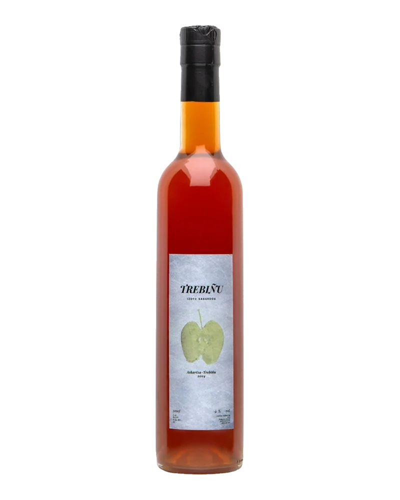 Botella alargada de sidra de hielo Trebiñu, de color ámbar, con cápsula negra y etiqueta blanca con una manzana verde