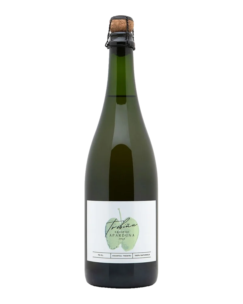 Botella verde oscura de sidra espumosa Trebiñu, de tipo cava, con tapón de corcho y etiqueta blanca con una manzana verde