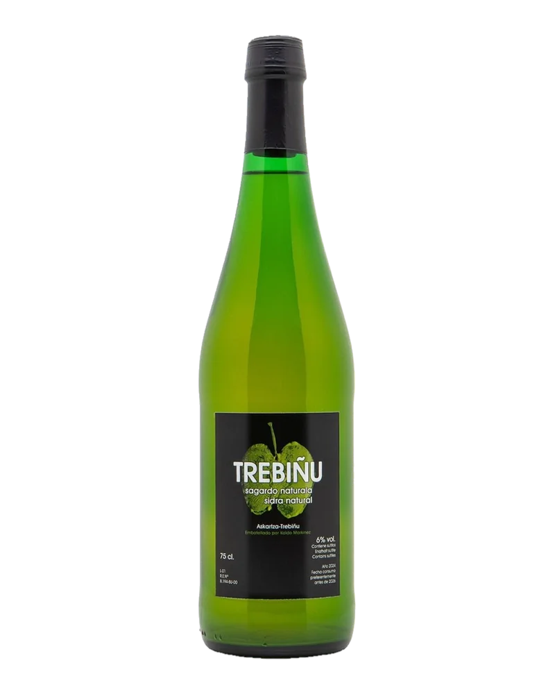 Botella verde de sidra natural Trebiñu, con etiqueta negra y una manzana verde