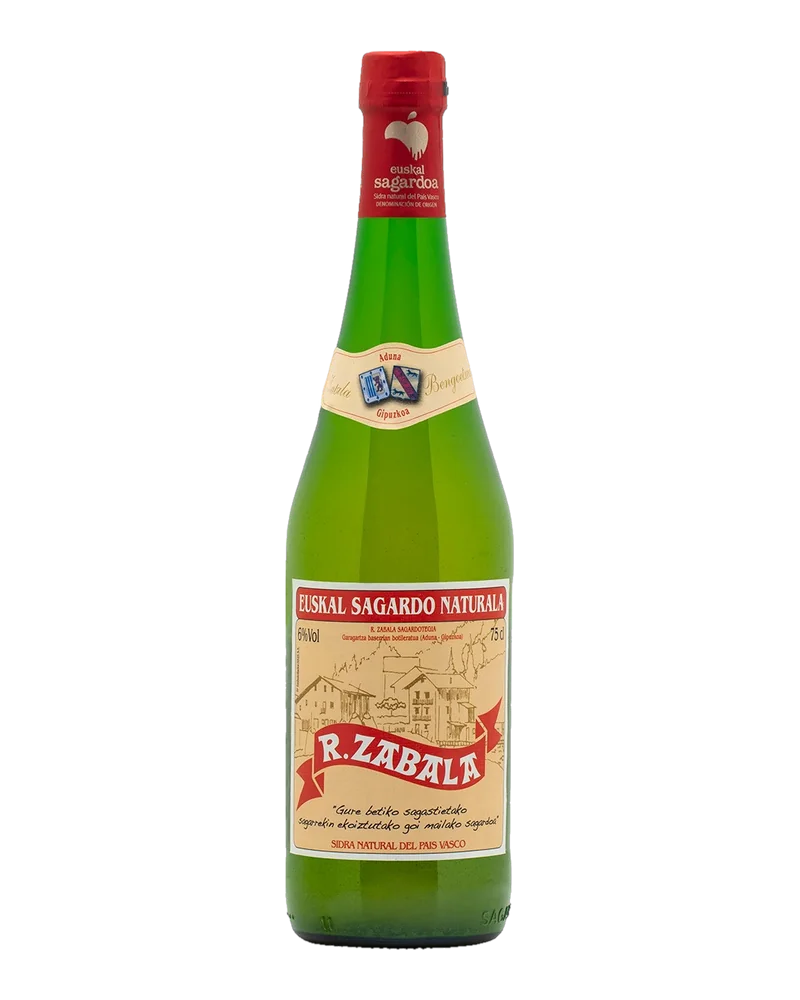 Botella verde de sidra R. Zabala con DO Euskal Sagardoa, cápsula roja y etiqueta con cinta roja