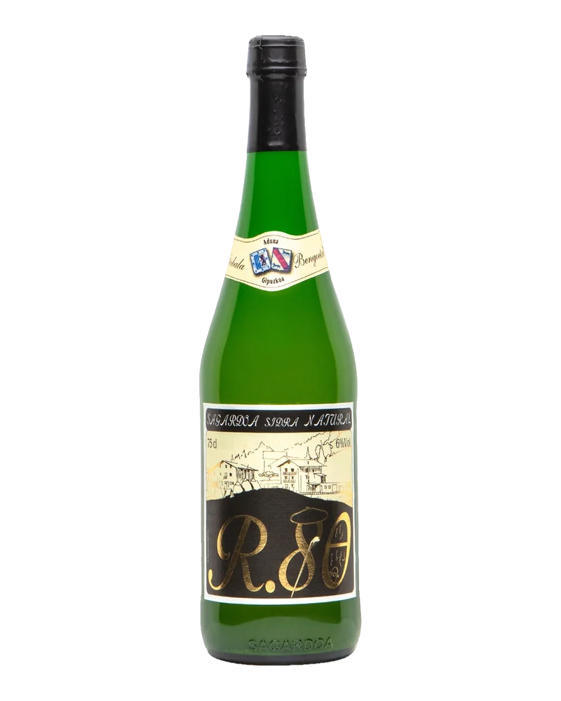 Green bottle of R. Zabala R.80 natural cider, with a black and gold label and a drawing of a farmhouse