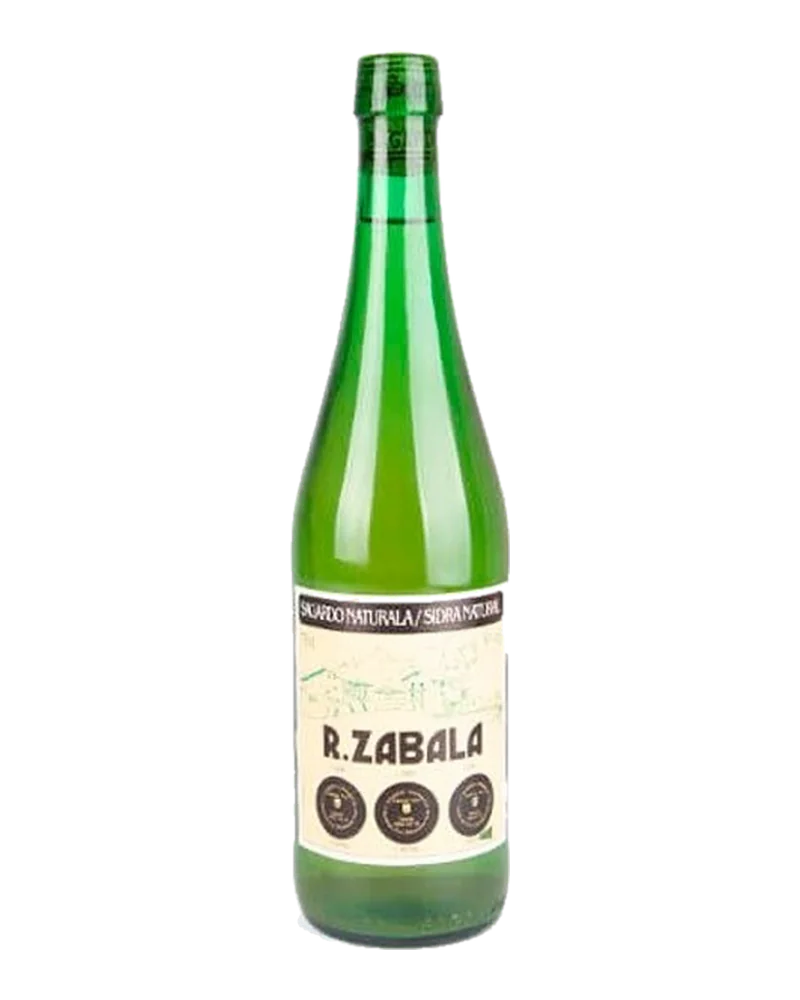 Green bottle of R. Zabala natural cider, with a cream label and three printed medals