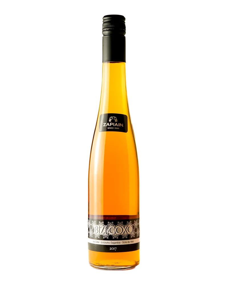 Slender amber bottle of Zapiain Bizi-Goxo ice cider, with a black capsule