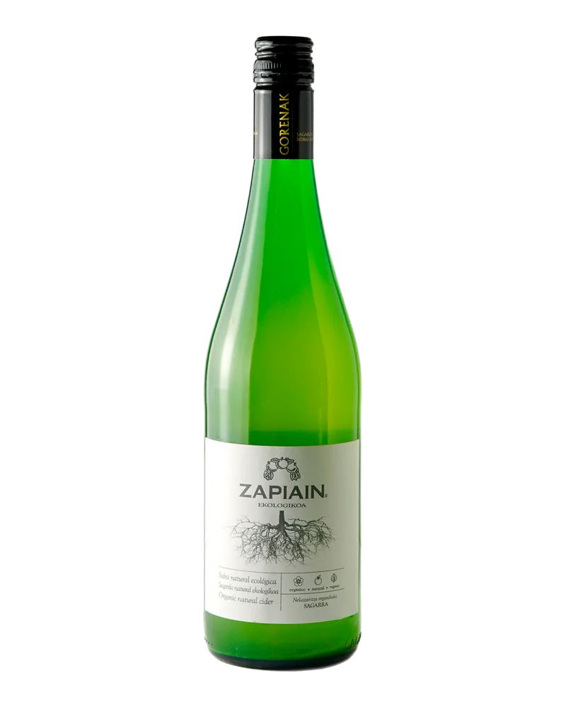 Green bottle of Zapiain organic cider, with a black capsule and a white label showing an apple tree