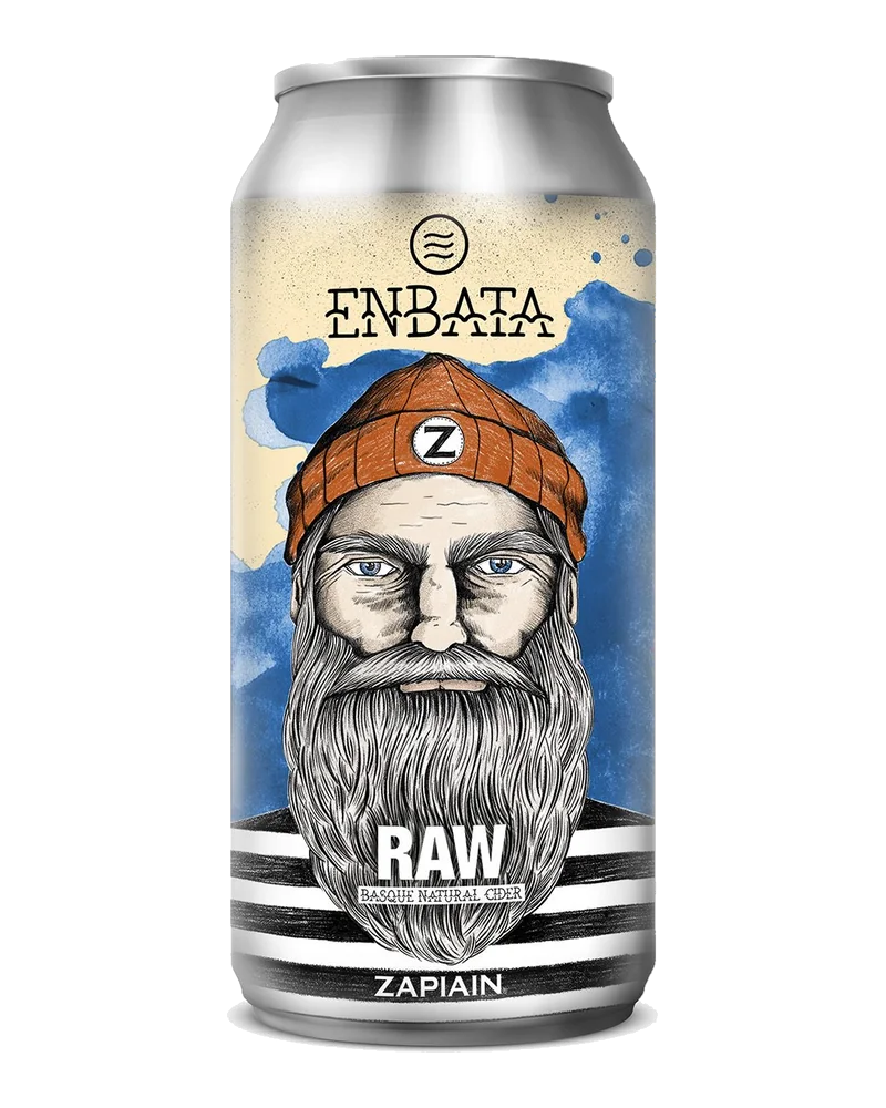 Can of Zapiain’s Enbata RAW cider, white with blue splashes and a drawing of a bearded sailor