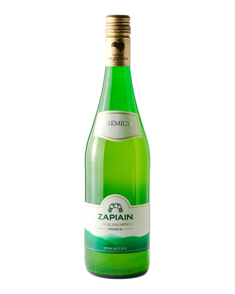 Green bottle of Zapiain Euskal Sagardoa Premium cider, with a gold capsule and a white and green label