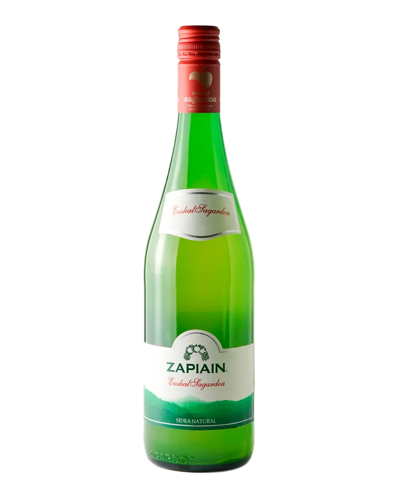 Green bottle of Zapiain DO Euskal Sagardoa cider, with a red capsule and a white and green label