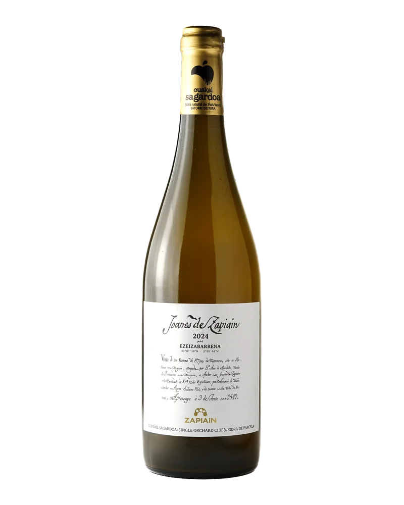Dark glass bottle of Joanes de Zapiain cider, with a gold capsule and a handwritten-style white label