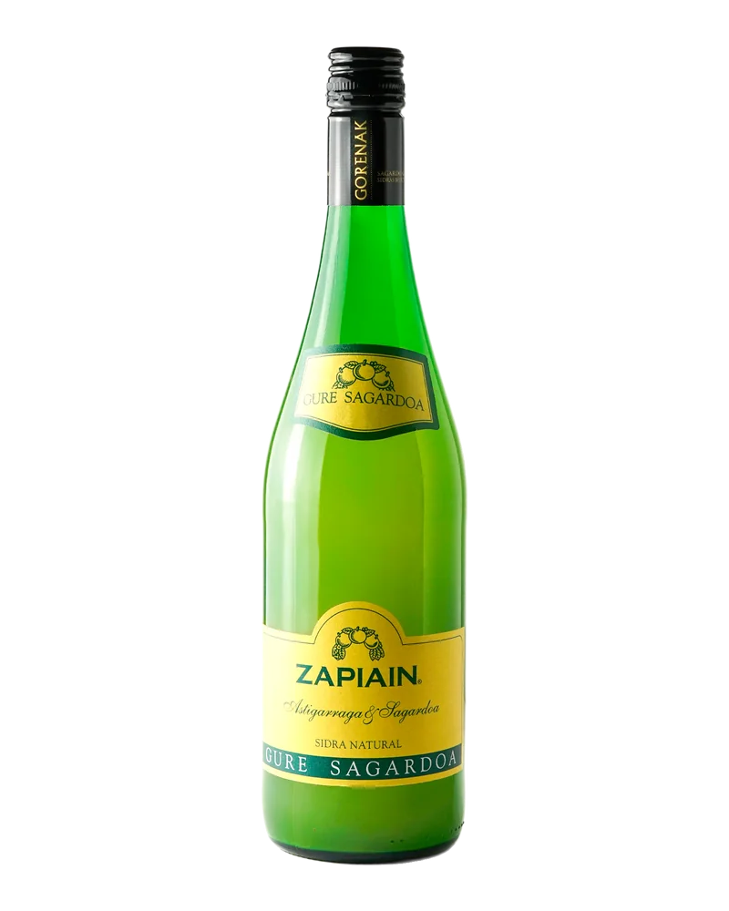 Green bottle of Zapiain Sagardoa Gorenak cider, with a yellow label and black capsule