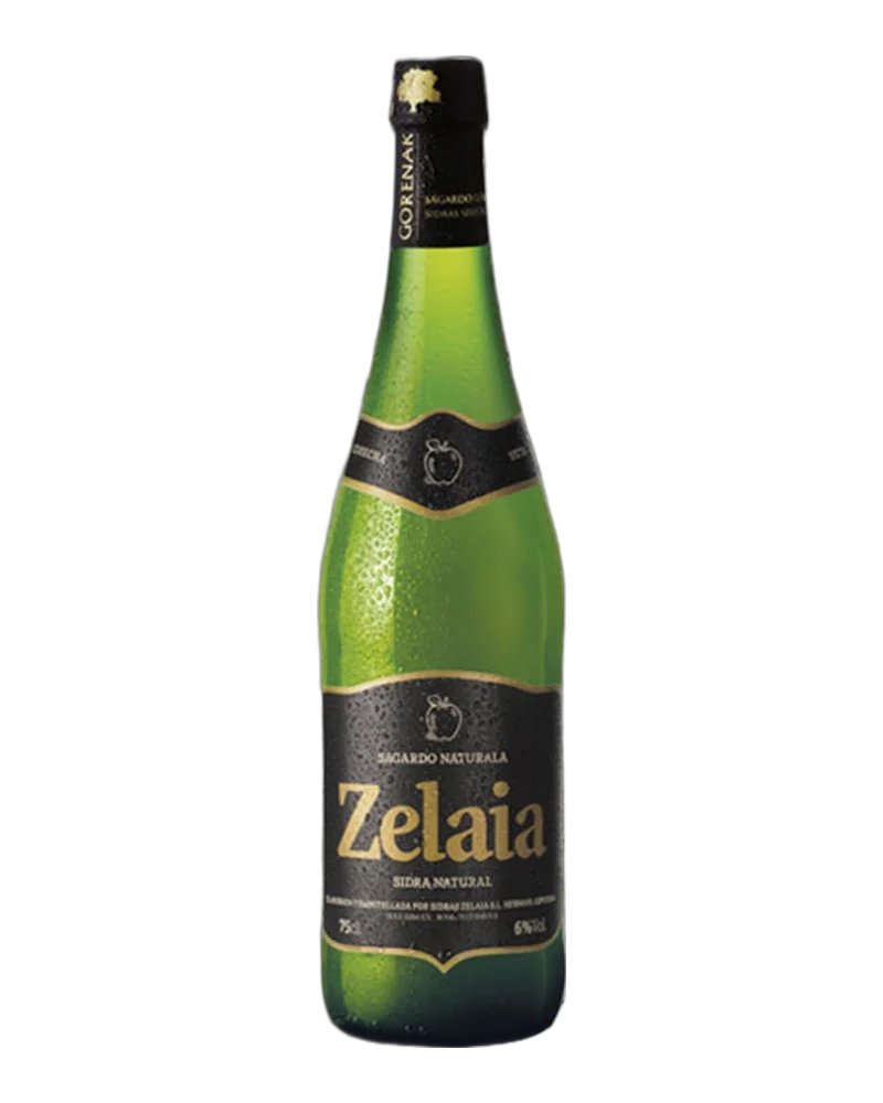 Bouteille de cidre Zelaia Gorenak, étiquette noire et lettres dorées